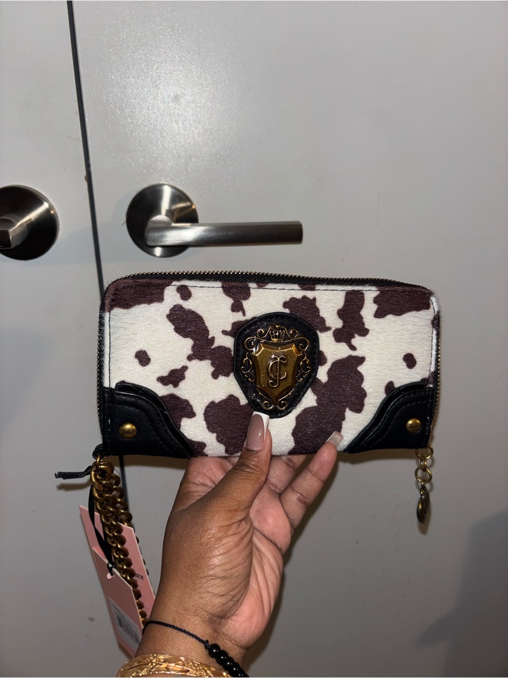 Juicy couture Cowprint Zip Wallet with Brass Crest - Brown, White, and black